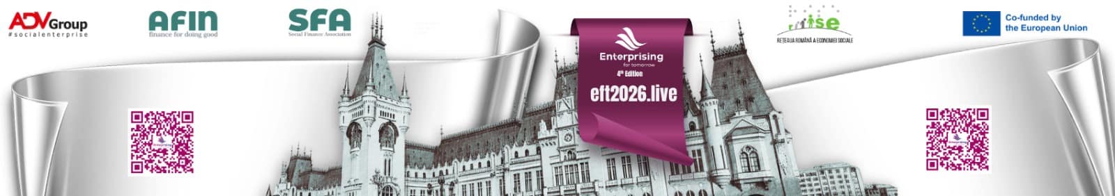 Banner pentru conferința europeană Enterprising for Tomorrow 2026 din Iași, organizată cu sprijinul RISE România. Imaginea prezintă Palatul Culturii din Iași și siglele partenerilor, inclusiv ADV Group, AFIN, Social Finance Association și Co-funded by the European Union.
